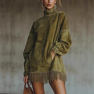 Oversized Turtleneck Fringe Hem A-Line Suede Tunic Dress