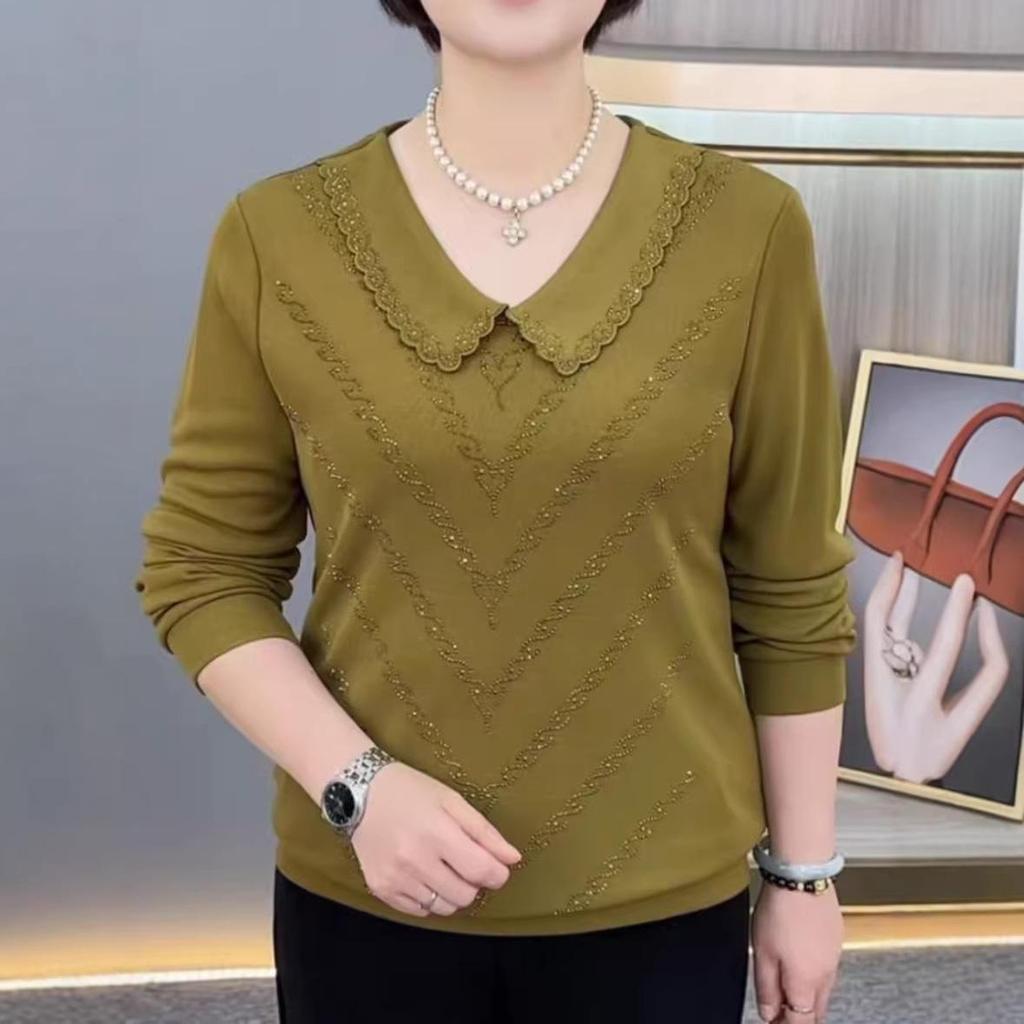 Autumn Chic Long-Sleeve Slimming Rhinestone Doll Collar T-Shirt
