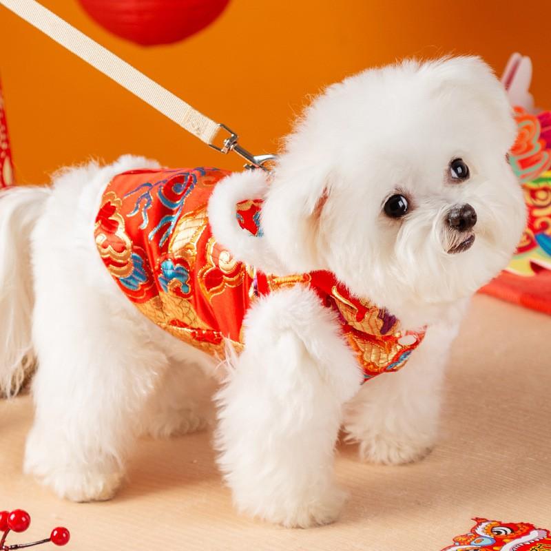 Chinese Style Dog Hooded Vest In Brocade Fabric Festival Celebration Pet Apparel