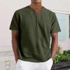Men's Casual V-Neck Short-Sleeve Shirt - Cotton Solid Color, Breathable Button-Up Top
