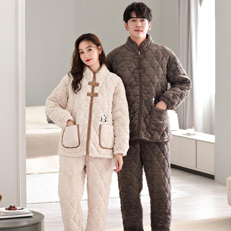 Antistatic padded couple pajamas women's winter three-layer thickened fleece padded jacket men's coral fleece warm loungewear