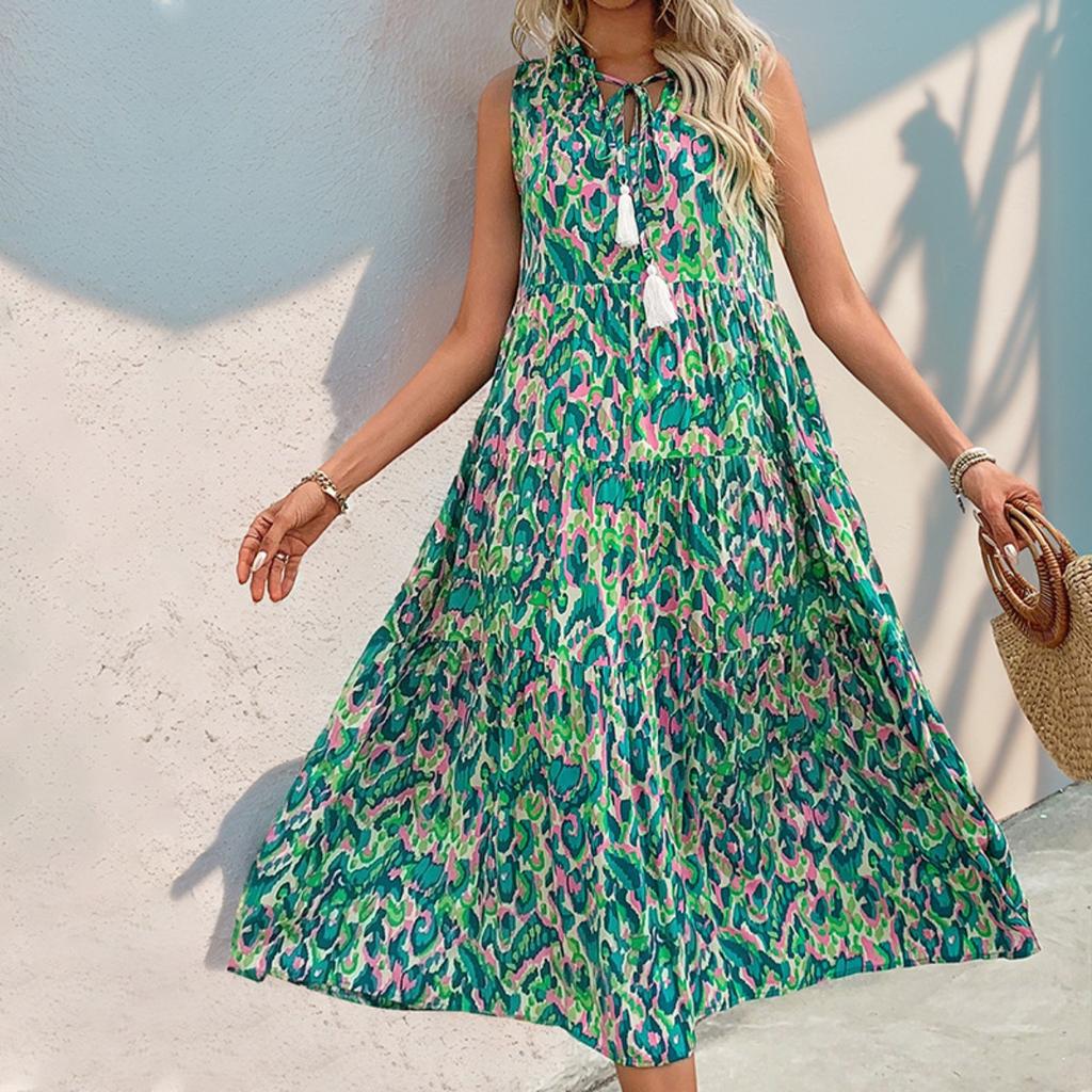 New European American Style Summer Abstract Print Midi Dress for Beach Vacation