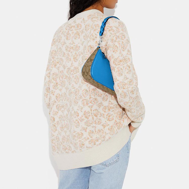 Coach Teri 25 Silver Letter Logo Plaque Zipper Hardware Coated Canvas Pebble Leather Handheld Crossbody Shoulder Bag Women Bags Blue CJ590-SVVRF