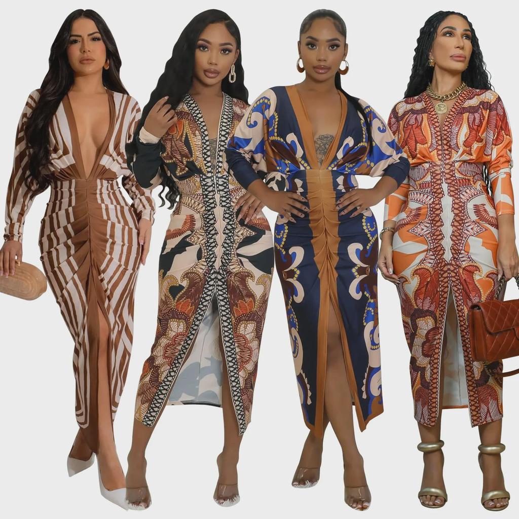 10798 European and American Women's Plus Size V-Neck Long Sleeve Slit Dress with Colorful Print