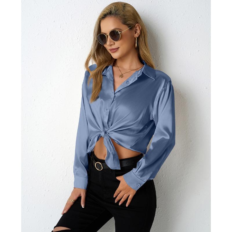 Women's Satin Shirt Simple V-neck Button Blouse Loose Long Sleeved Blouses & Shirts