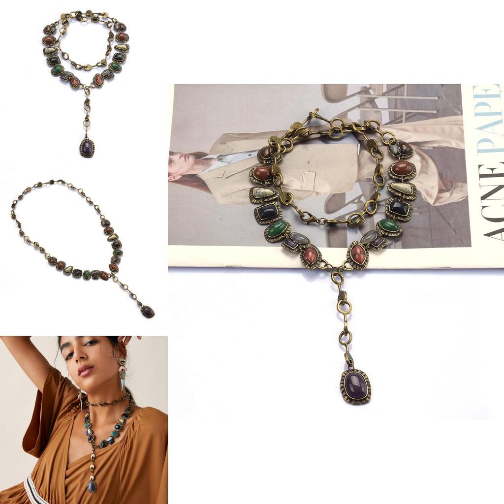 Bohemian Style Long Metal Necklace With Gem Accents For Women Summer Wear