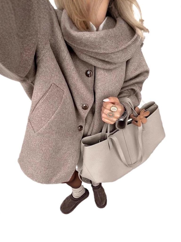 Khaki Wełniany Płaszcz z Szalikiem: Moda europejska i amerykańska