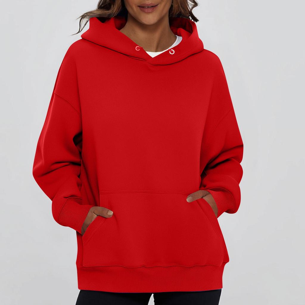 Ladies' Fashionable Solid Color Casual Hooded Pocket Long Sleeved Top
