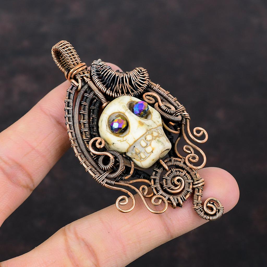 Howlite Pendant Copper Wire Wrapped Pendant Skull Bone Face Pendant Titanium Bead Eyes Jewelry Gemstone Pendant Handmade Copper Wire Jewelry