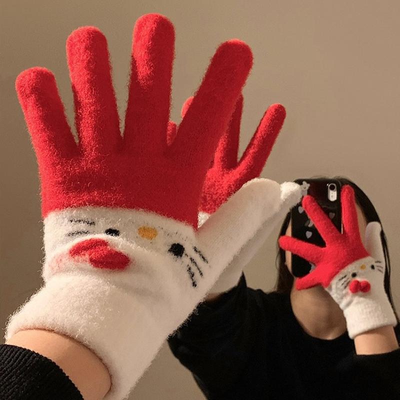 Cute Cartoon Hello Kitty Plush Gloves Student Cycling Winter Warm Five-Finger Gloves  Accessories Holiday Gifts