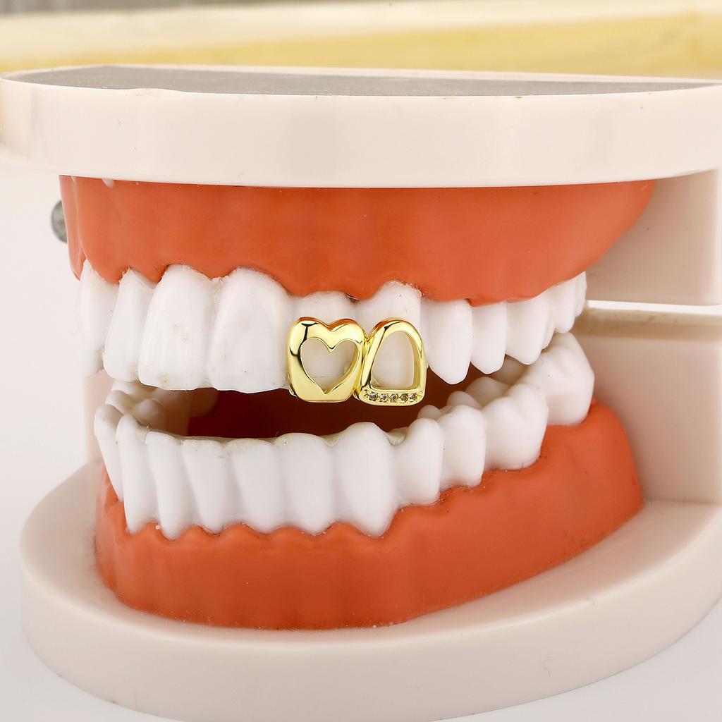 Double Heart Diamond-Studded Gold Teeth Hip-Hop Braces Versatile Halloween Personalized Teeth Accessories