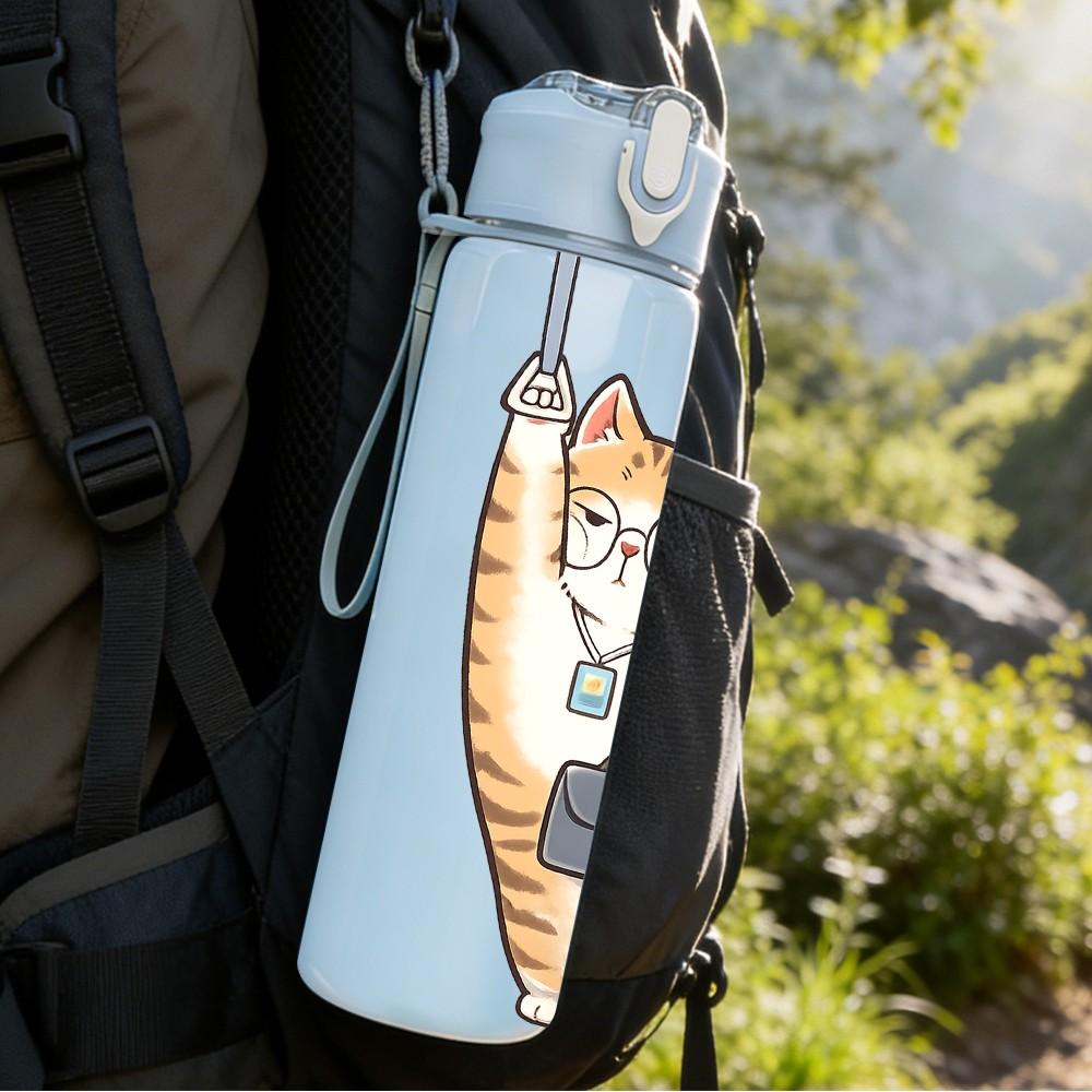 1PC Cat Hold Cell Phone Cartoon Print 750ml Color Plastic Sports Water Bottle Leakproof Flip Straw Lid Suitable for Sports Office Home Use