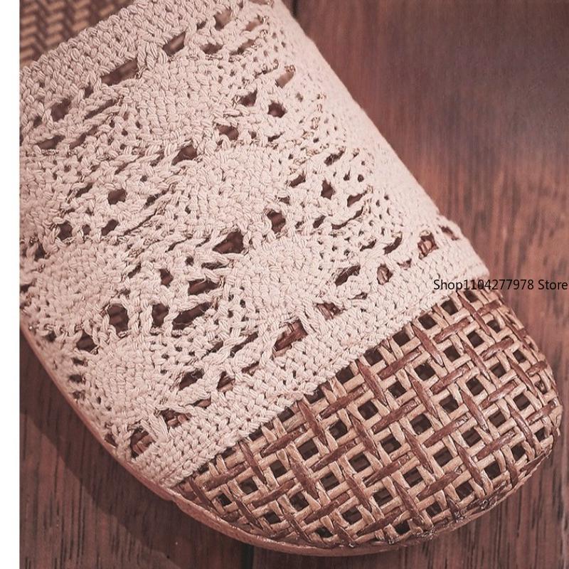 Fashion Women Indoor Linen Cane Slippers 2025 Spring Summer Shoes Anti-slip Light Weight Breathable Lace Couples Home Floor Slides