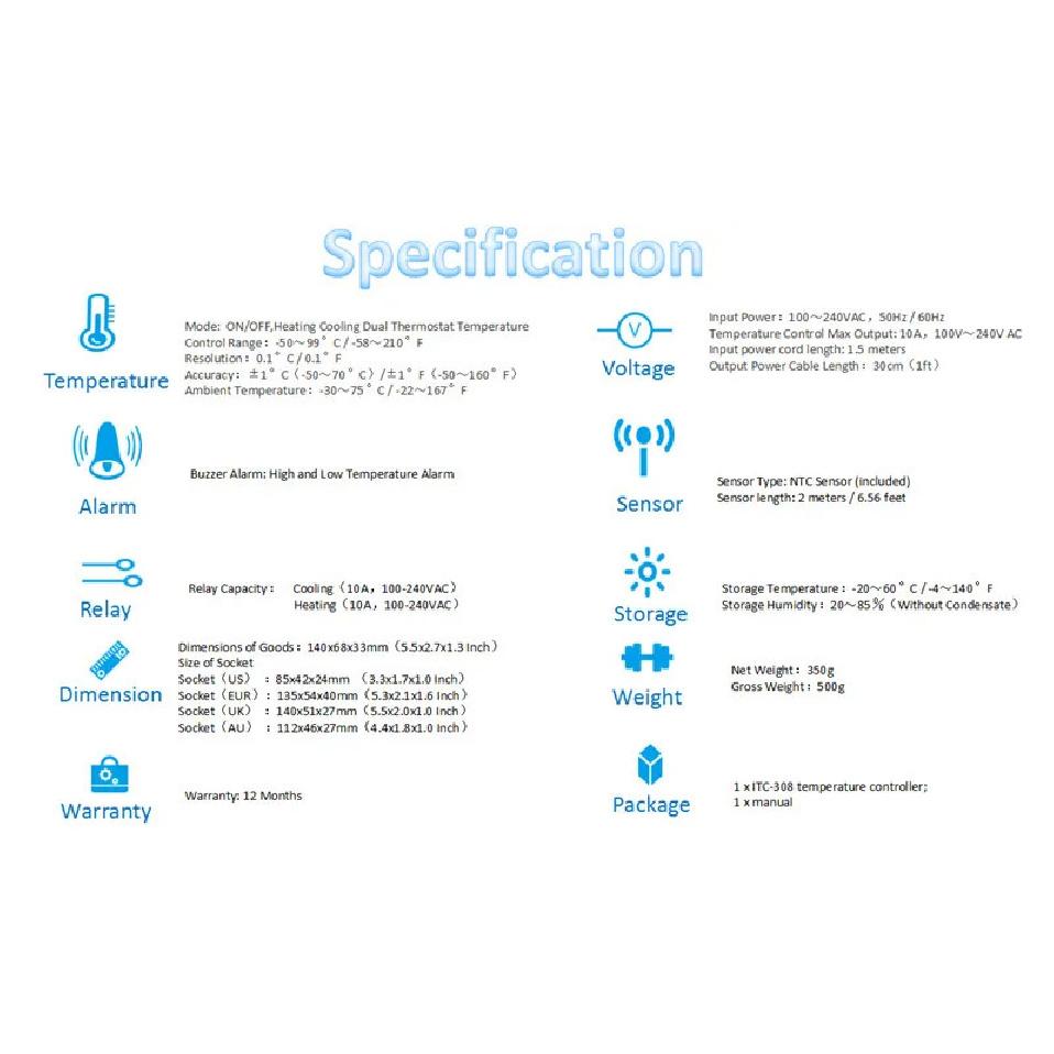 INKBIRD Heating Cooling Pre-wired Temperature Controller 3 Types EU Temperature Controller of ITC-306 , ITC-308 , ITC-310T-B