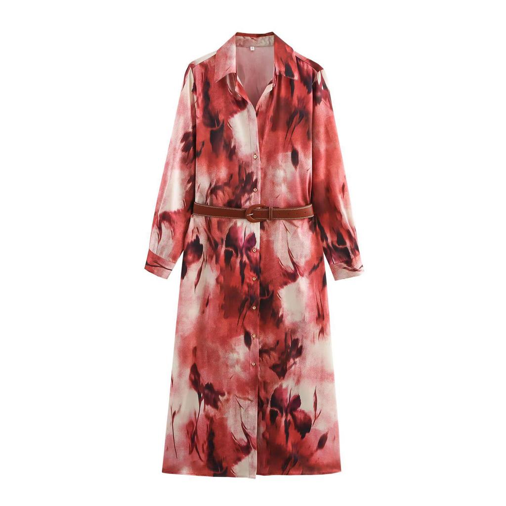 Spring 2025 Women's Slim Fit V-Neck Print Dress with Belt
