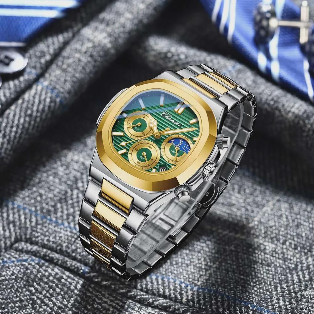 Men's Multifunction Quartz Watch Chronograph Luminous Water-Resistant Luxury Golden Steel Bracelet Men Moonswatch