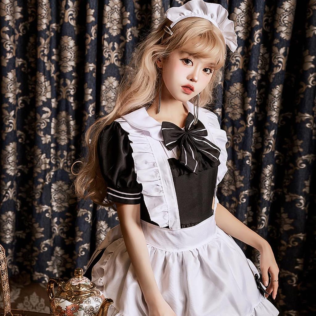 Socpuro Niedliches Maid Lolita Moe Kleid Schürze Maid Café Cosplay Schwarz und authentisches Maid Alltags-Schulkostüm Party Outfit, Lolita/Gothic Stil, + +