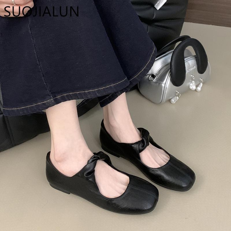 Fashion SUOJIALUN Spring New Women Flat Heel Mary Jane Shoes Fashion Round Toe Shallow Ladies Single Shoes Outdoor Dress Ballet Sheos