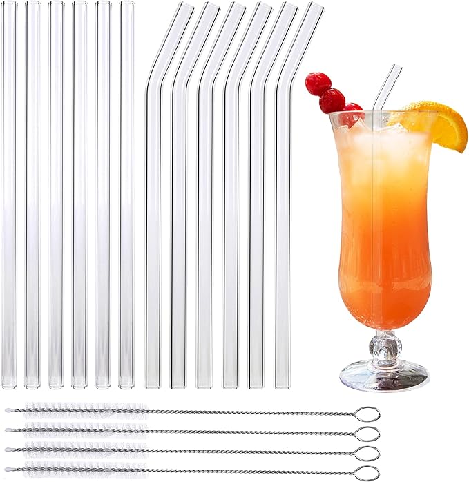 Glass Drinking Straws 12 Pcs. Straight Curved 4 Brushes for Kitchen