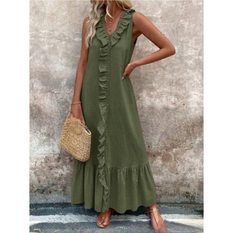 VEZFAA Women's Fashion Summer Spring Solid Color Print Sleeveless V-Neck Loose Waistline Casual Dresses