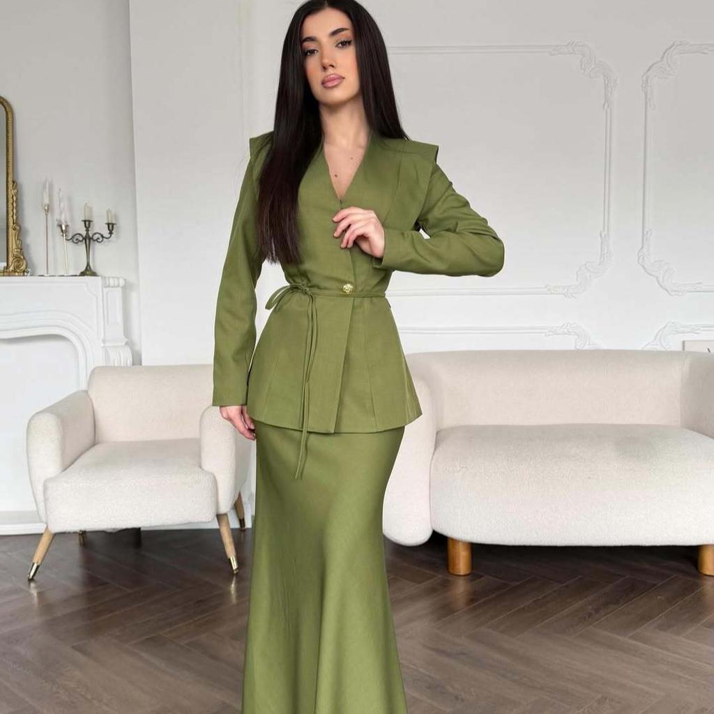 Spring and Autumn New European, American Amazon Cross-border V-neck Long Sleeve Suit Top Fishtail Skirt Set