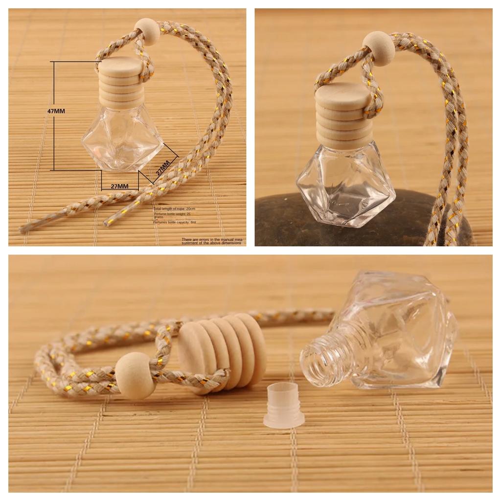 Auto Interior Perfume Empty Bottle - Small Clear Glass Pendant Container with Wooden Cap & Decorative Braided Rope