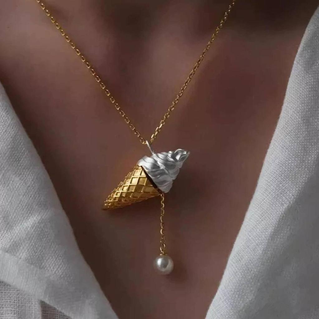 Cone Ice Cream Necklace, Fresh And Sweet Versatile Pearl Necklace, Simple Collarbone, Daily Matching For Women