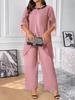 Plus Size Women's Sequin Chiffon Round Neck 3/4 Sleeve Elastic Waist Pants Set