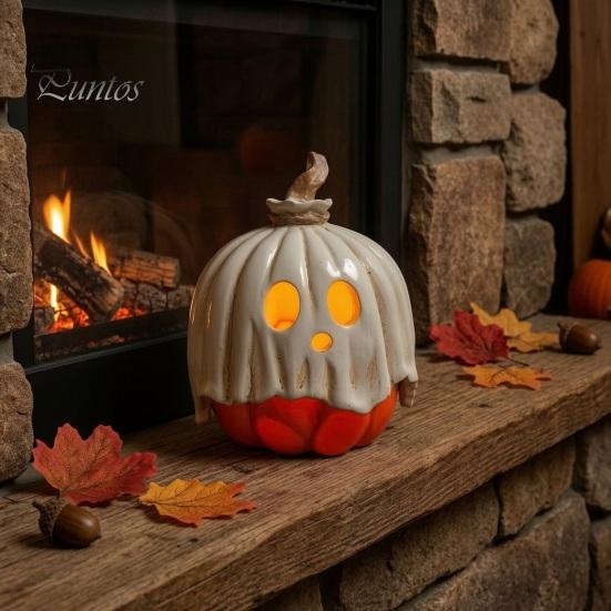 Ornamenti Spettrali Luminosi Decorazione Zucca Fantasma Illuminata di Halloween, Lampada Vintage Staccabile con Statua Spaventosa Candela LED per Tavolino da Cucina Mensola