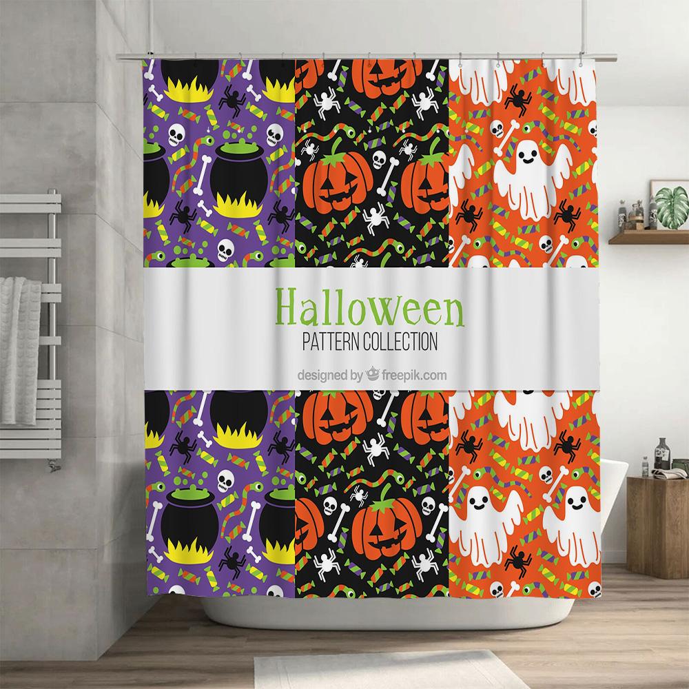 Halloween Pattern Shower Curtain Set For Bathroom Decoration Washable Polyester Fabric With Haunted House Ghost Design In Multip
