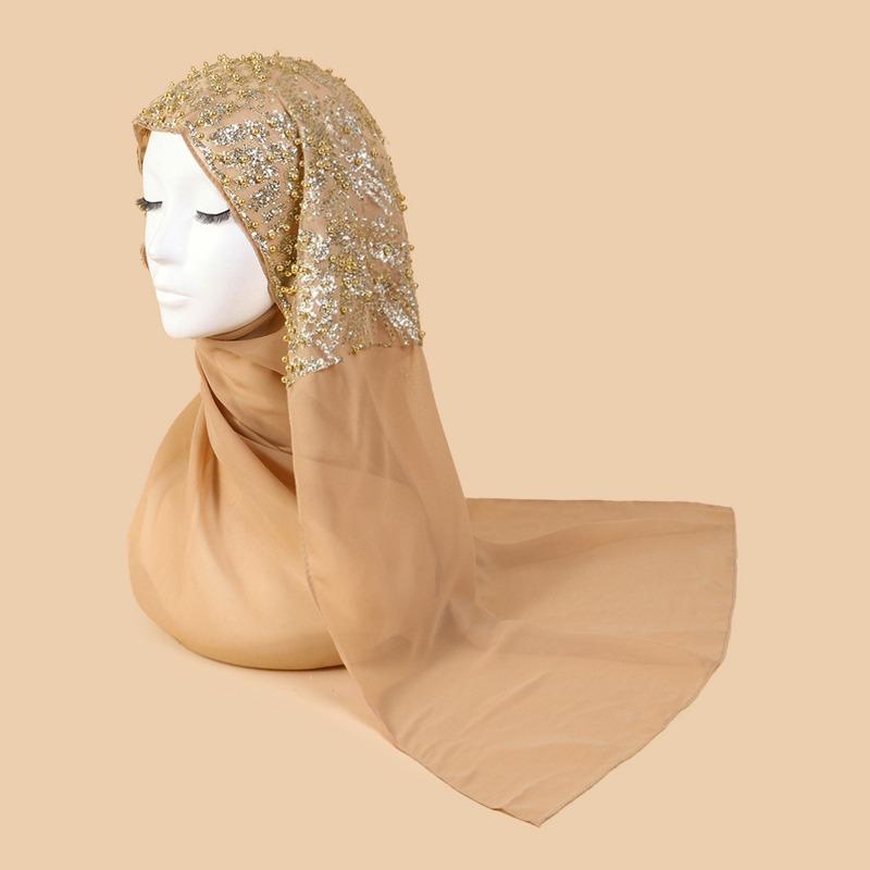 Mei Scarf Ethnic Style Yarn, Hijab Chiffon Bead Long Scarf, High-end Headscarf, Minority Ethnic Group