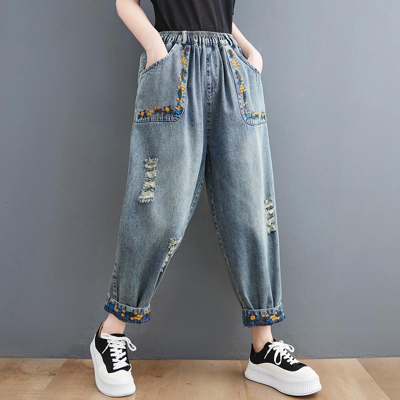 Spring Ladies Embroidered Patch Jeans Elastic Waist Loose Nine-Point Harem Pants