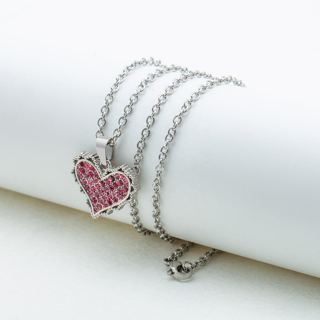 Punk Trend Sweet Cool Sweater Chain Stainless Steel Pink Zircon Love Necklaces for Birthday Present