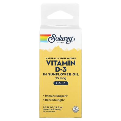 Solaray, Vitamin D-3 i Solrosolja, Naturlig, Smaklös, 25 mcg, 0,5 fl oz (14,8 ml)