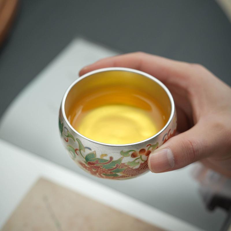 Silver Dragon & Phoenix Luohan Tea Cup: 999 Silver, Gilded, High-Grade Gift, Household Host's Cup