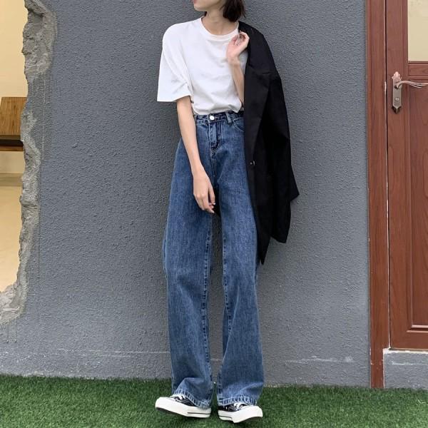 

Женские джинсы прямого кроя, свободные, слим, в новом корейском стиле 2025 года - универсальные брюки с широкими штанинами для весны и осени. L темно-синий