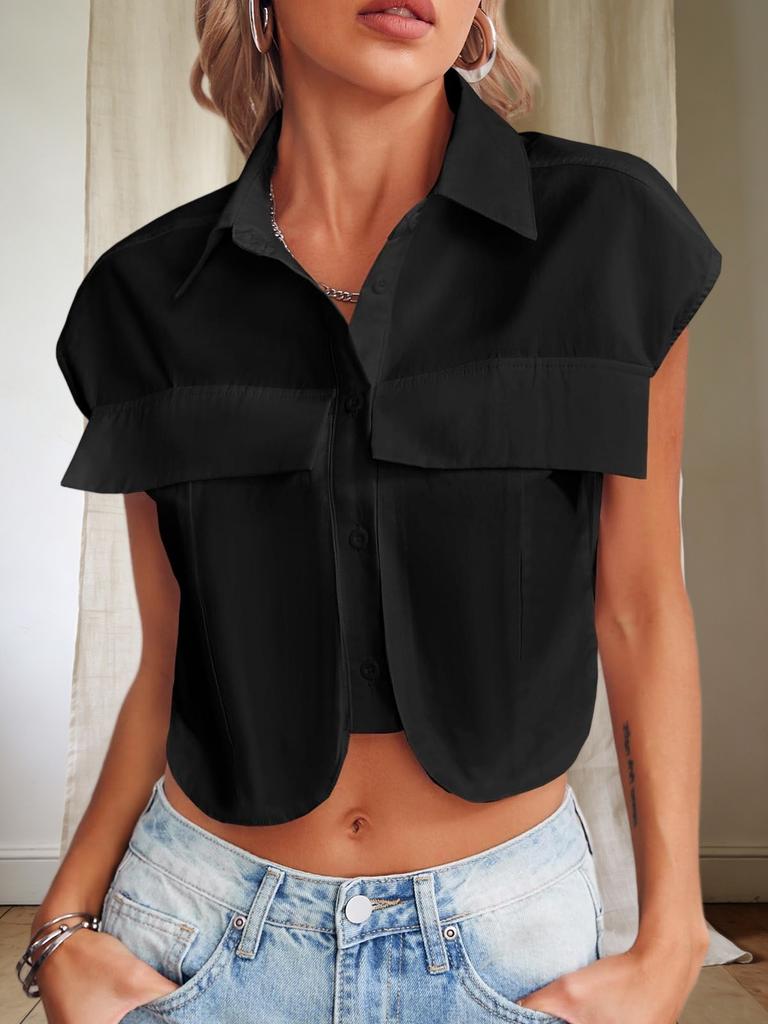 Womens Cotton Cap Sleeve Button Down Crop Blouse Summer Casual Shirt