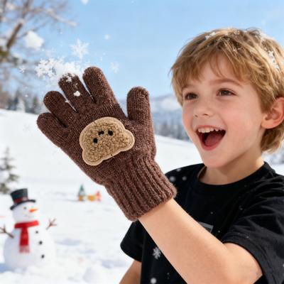 Yousheng Kinder Strickhandschuhe Dehnbare Vollfingerhandschuhe Stickerei Bär Warme Winterhandschuhe für Jungen Mädchen 3 bis 7 Jahre Radfahren Sport