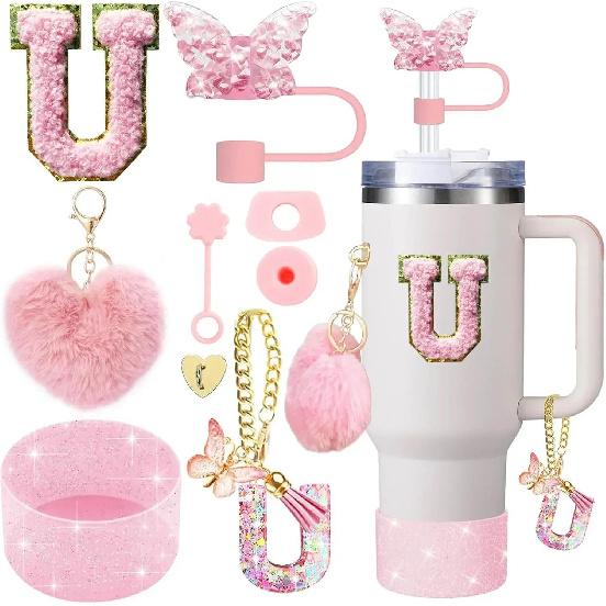 9PCS Accessory Set for Stanley Cup 30oz 40oz Butterfly Straw Cover Cap Silicone Boot Charm Initials Sticker Spill Proof Stopper Cup Holders 5