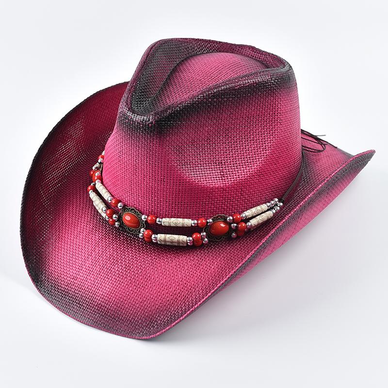 New Western Style Straw Sun Hats for Women Vintage Curled Edge Cowgirl Jazz Hat Summer Beach Hat