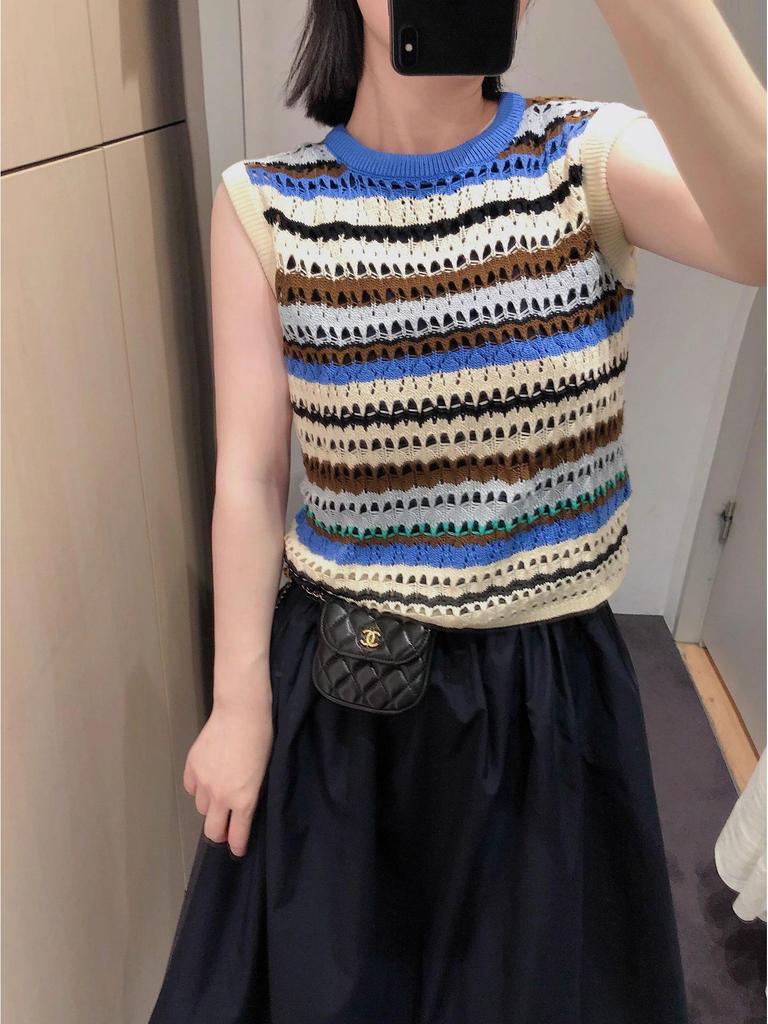 Dopamine Rainbow Striped Knit Vest - Women's Summer Slim Hollow Out Design