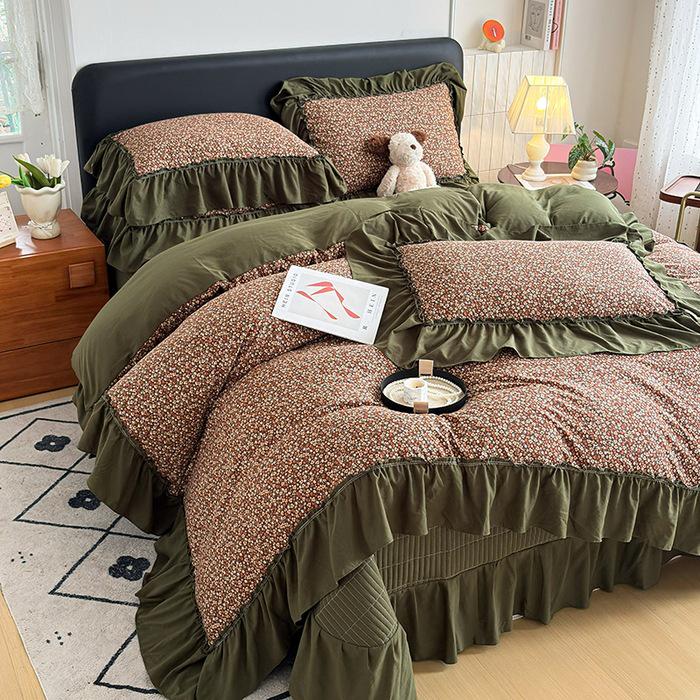 Spring/Summer Washed Cotton Lace Quilt Bedspread Set - 4 Pieces, Machine Washable