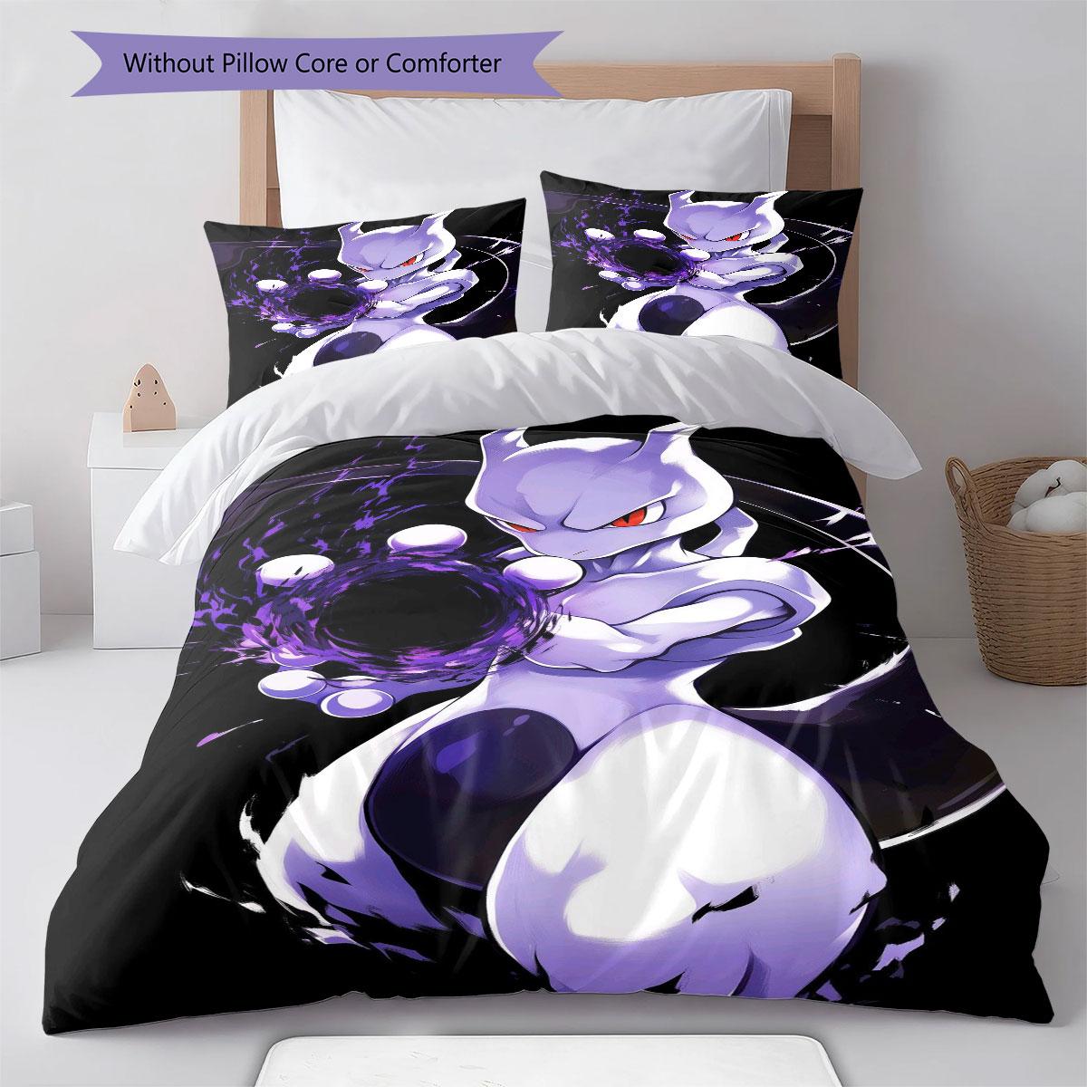 Anime Mewtwo Themed Bedding Set 3Pcs Classic Pocket Monster Design Anti-Fade Home Textile 135x200cm