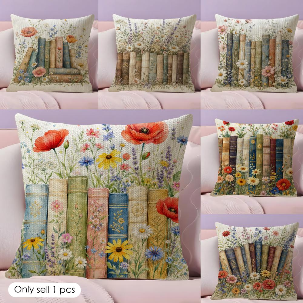 Colorful Flower Bookshelf Cushion Cover Durable Hypoallergenic Organic Linen Short Pillow Cover Washable
