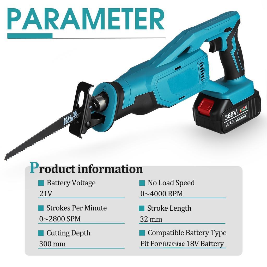 1500W 388VF Wood Metal Cutting Tool For 18V Battery Electric Cordless Reciprocating Saw with 4 Blades Saber Saw