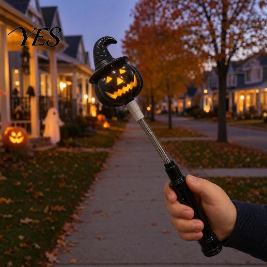 Halloween Party Decoration LED Glow Stick for Kids, Spooky Pumpkin Ghost Flashing Light Lighted Up Rod with Spring Holiday Favors
