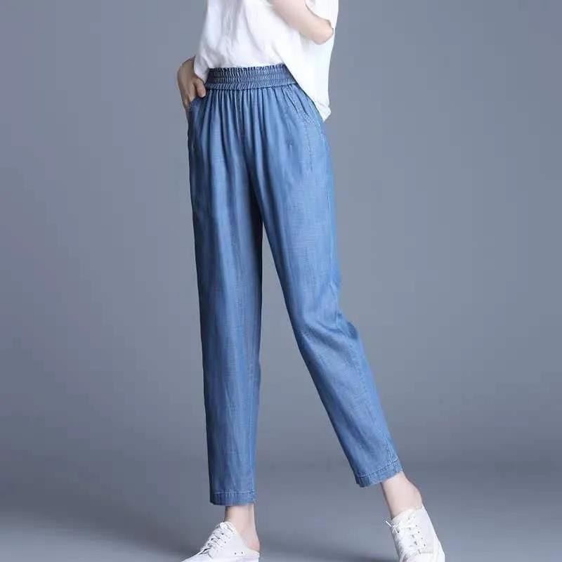 

Корейские летние новые модные тонкие джинсы однотонные эластичные с высокой посадкой с карманами свободные повседневные универсальные прямые брюки галифе 2023 L синий