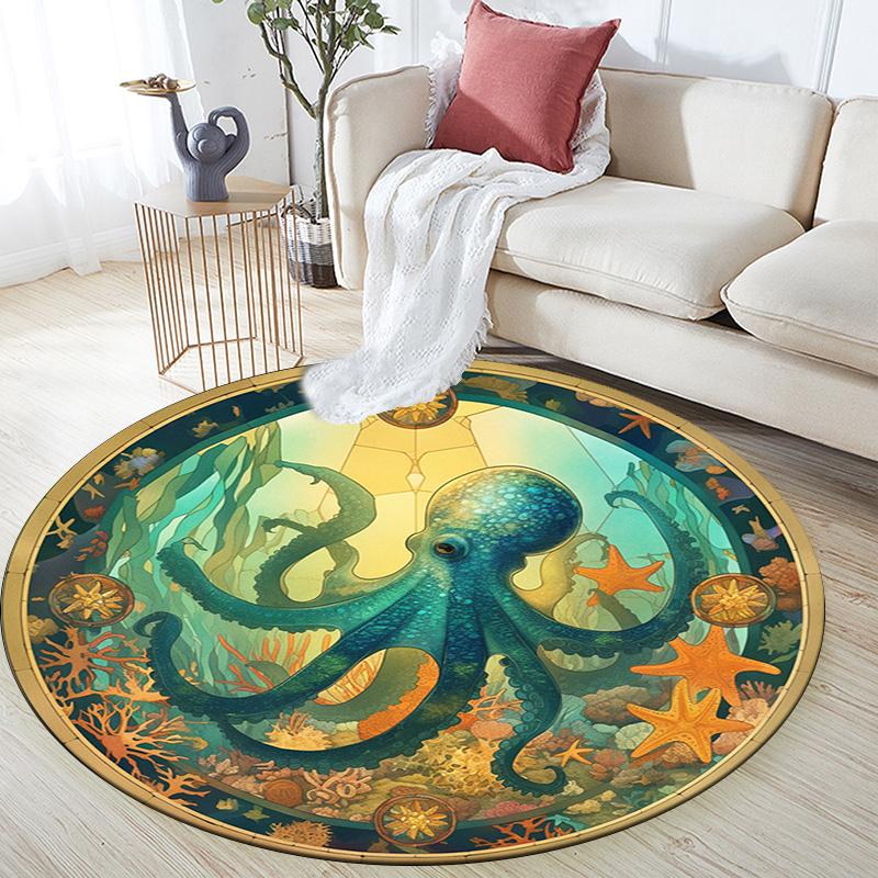 Octopus and Starfish Round Area Rug,Carpet Rug for Living Room Bedroom Sofa Playroom Decor,Non-slip Floor Mat