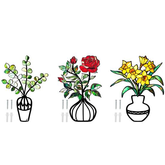 3 Stück/Set Metall Blumenvase Wandskulptur 3D Hohl Eisendraht Pflanzenvase Wandornament Zuhause Büro Wohnzimmer Badezimmer Küche Wandkunst Schild