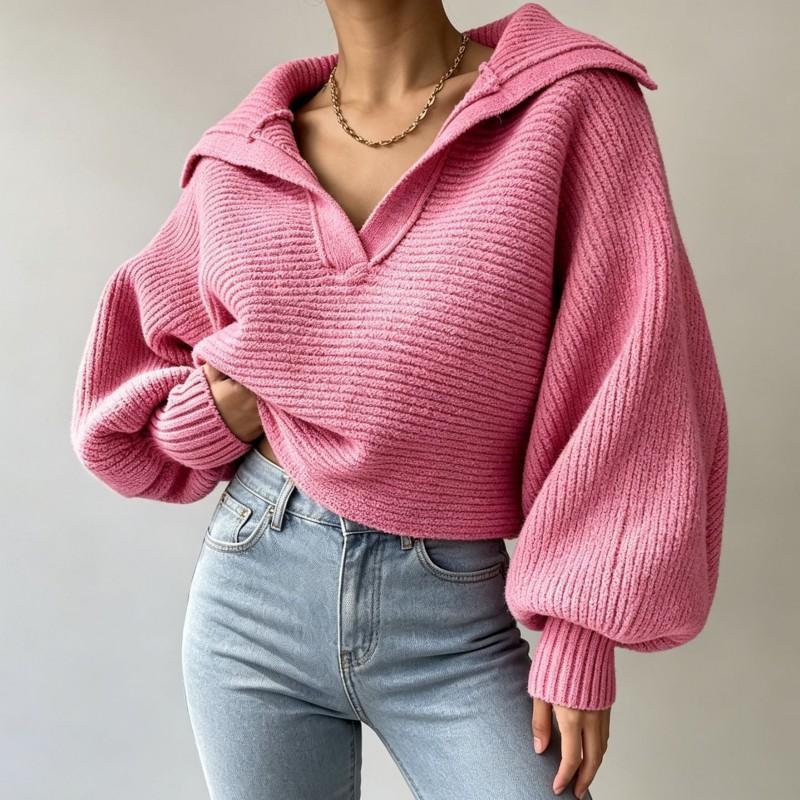 2026 Fall Winter Womens Knit Pullover Sweater Turn-Down Collar Casual Top
